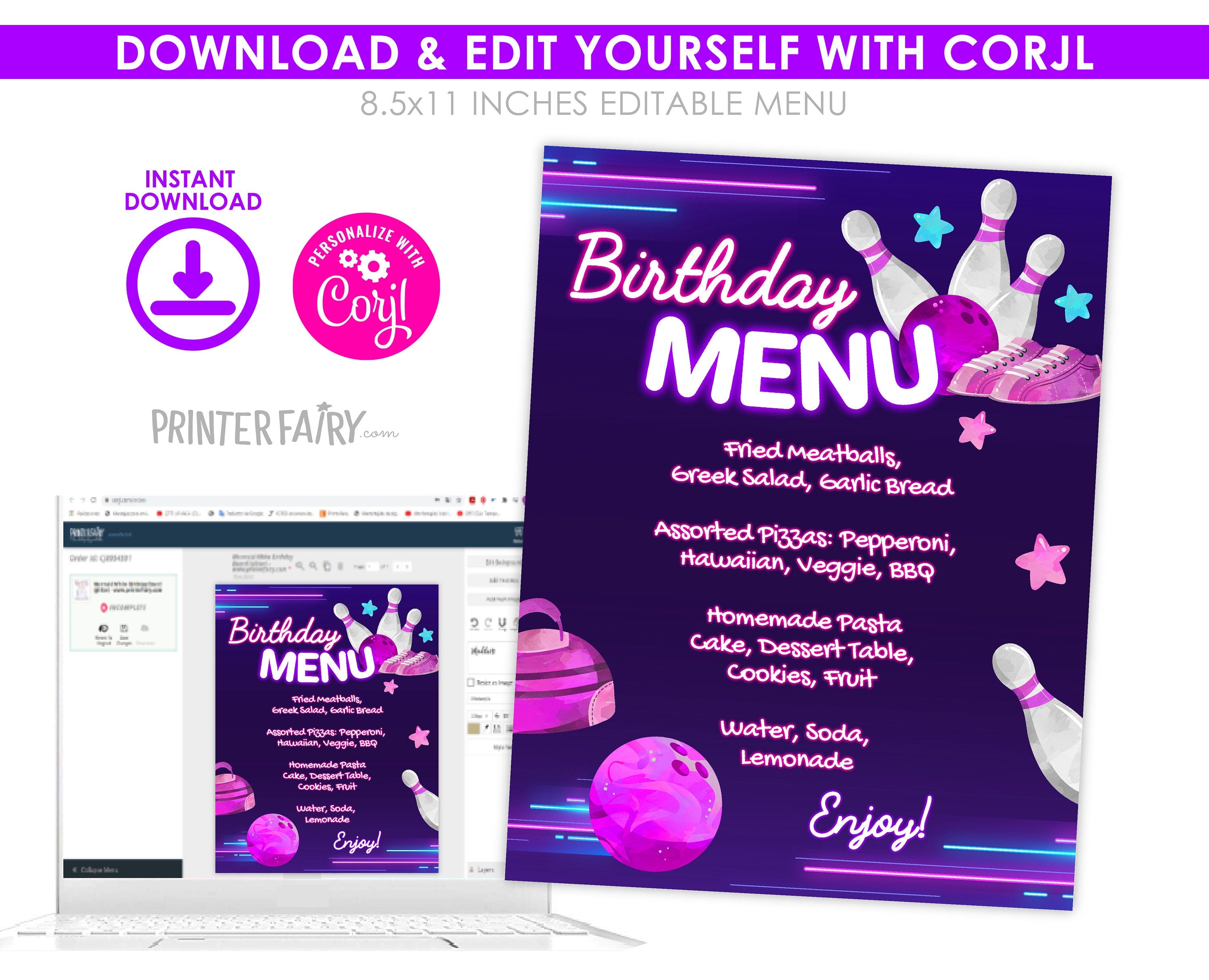Bowling Birthday Party Menu, Editable Printable Sign (Instant Download)