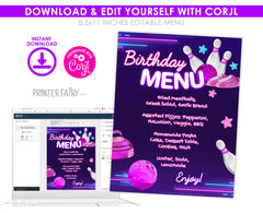 Bowling Birthday Party Menu, Editable Printable Sign (Instant Download)