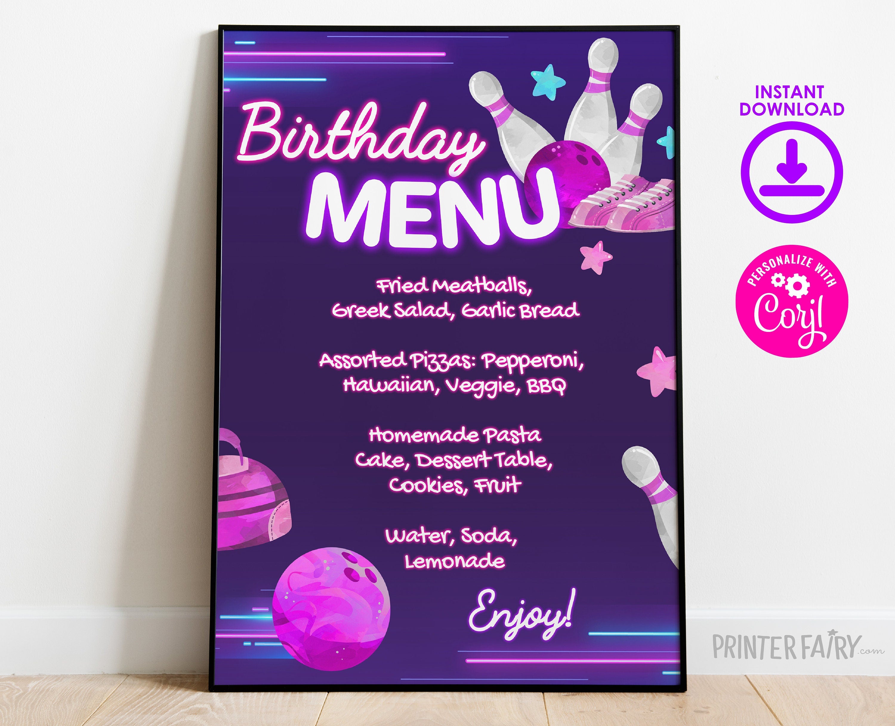 Bowling Birthday Party Menu, Editable Printable Sign (Instant Download)
