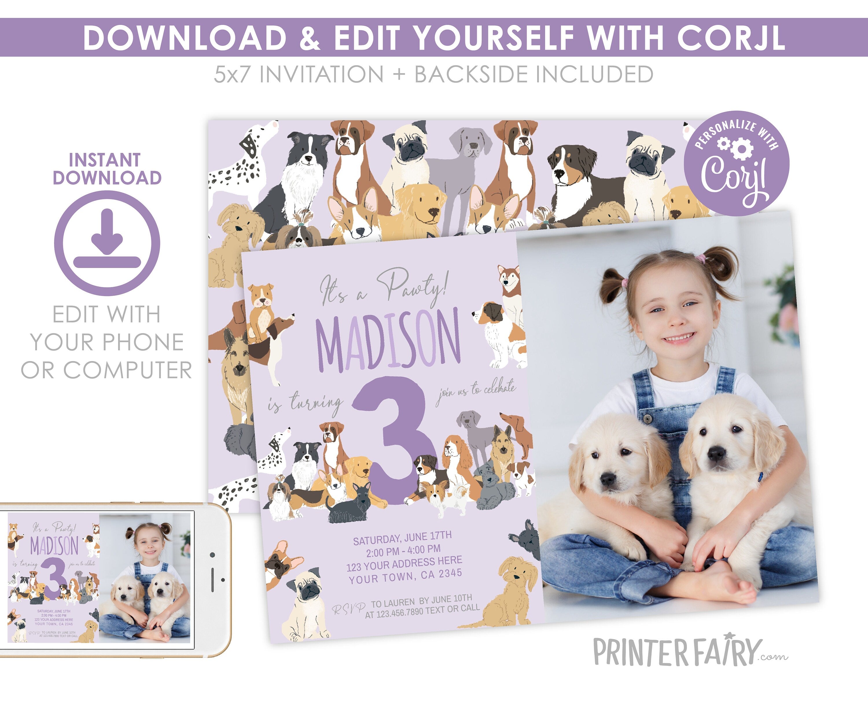 Puppy Adoption Birthday Paw-ty Invitation with Photo (Editable Digital Item)