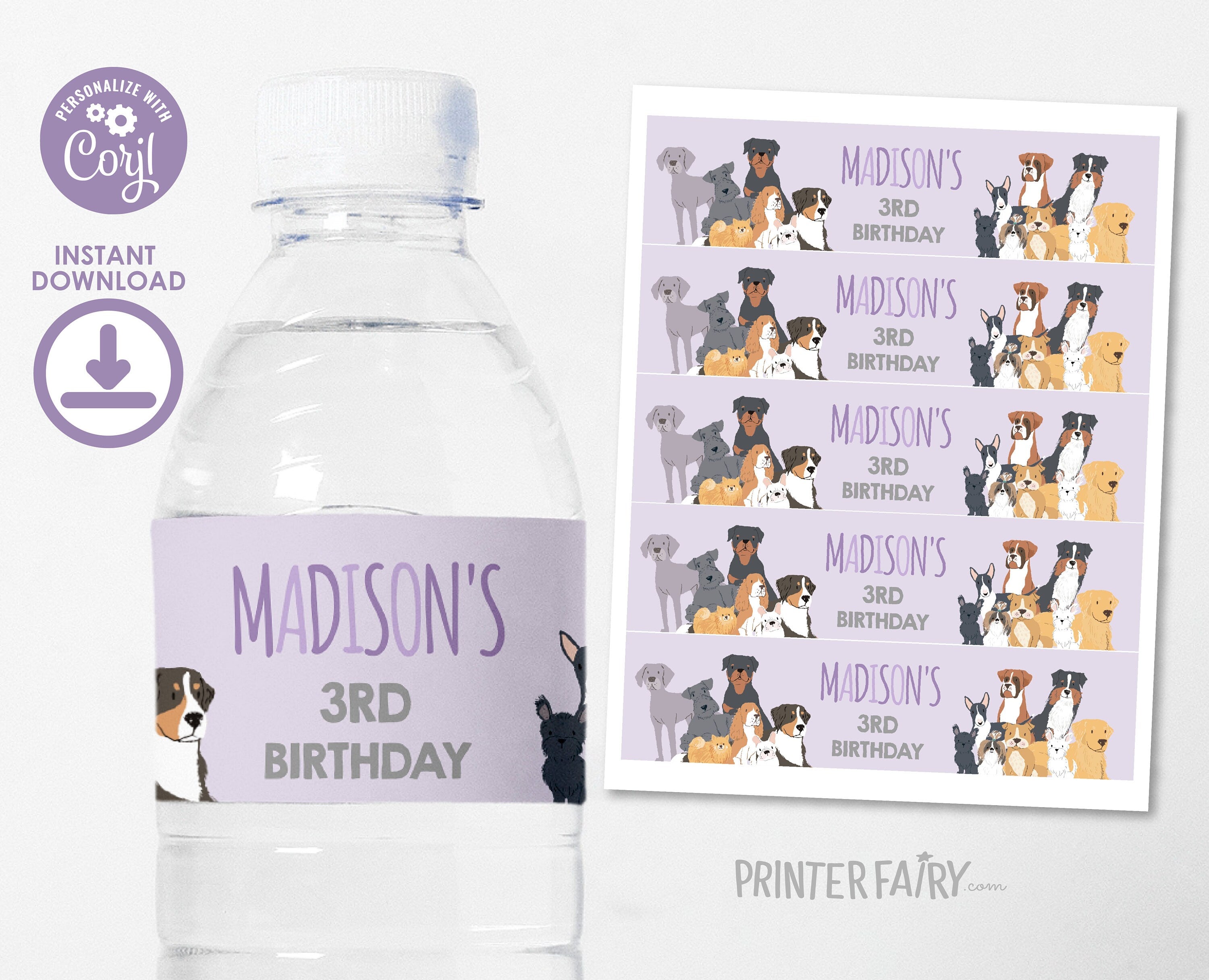Puppy Adoption Birthday Water Bottle Label, Editable Dog Party (Digital Item)