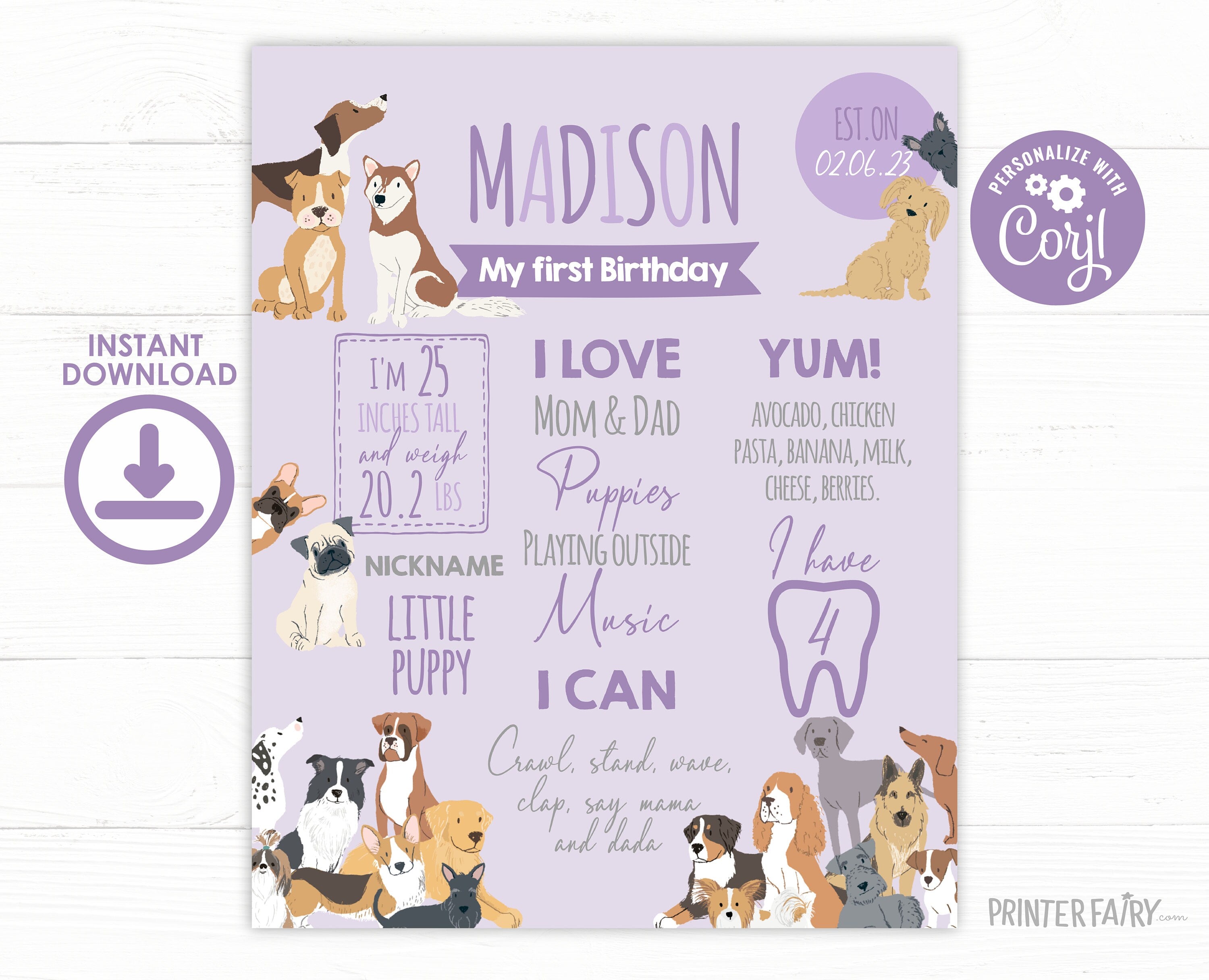 Puppy First Birthday Board, Pet Adoption Party, Editable Milestones Chart (Digital)