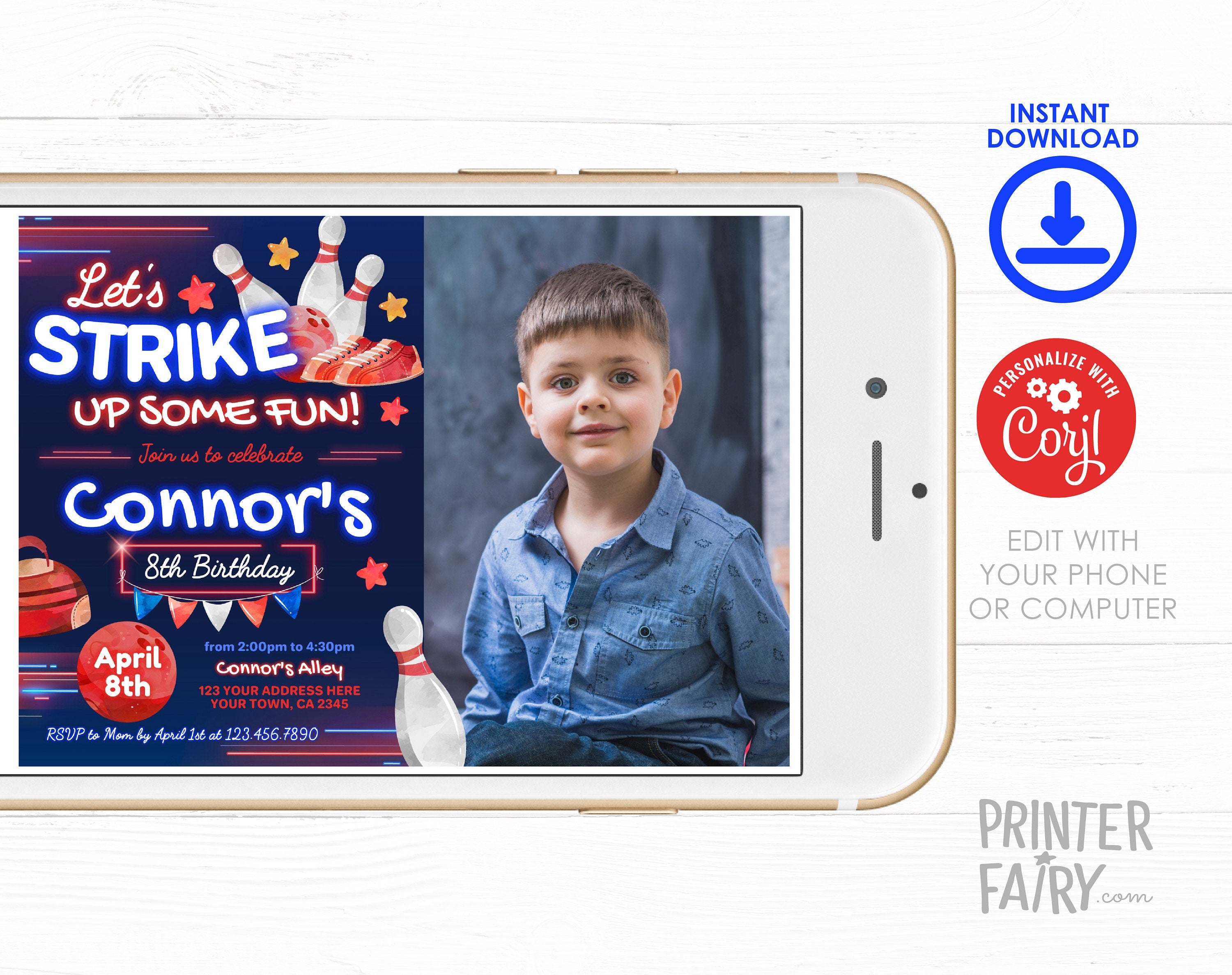 Bowling Birthday Photo Invitation, Editable Template (Digital Download)