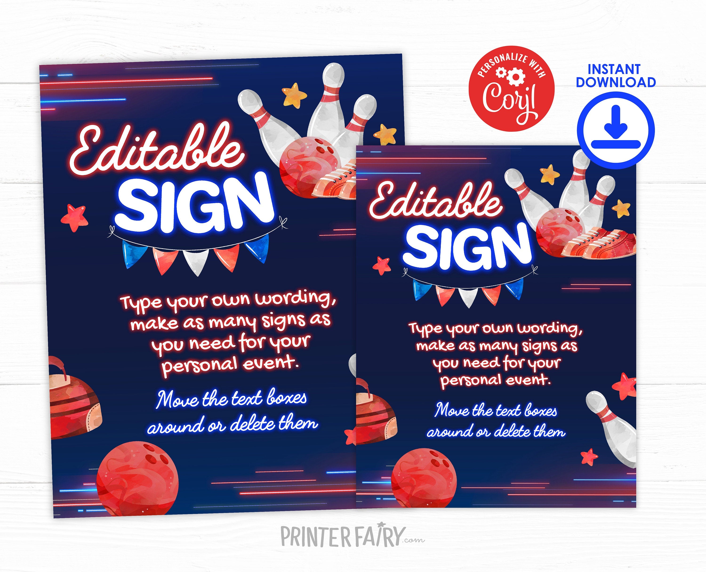 Bowling Birthday Party Sign, Editable Printable Poster (Instant Download)