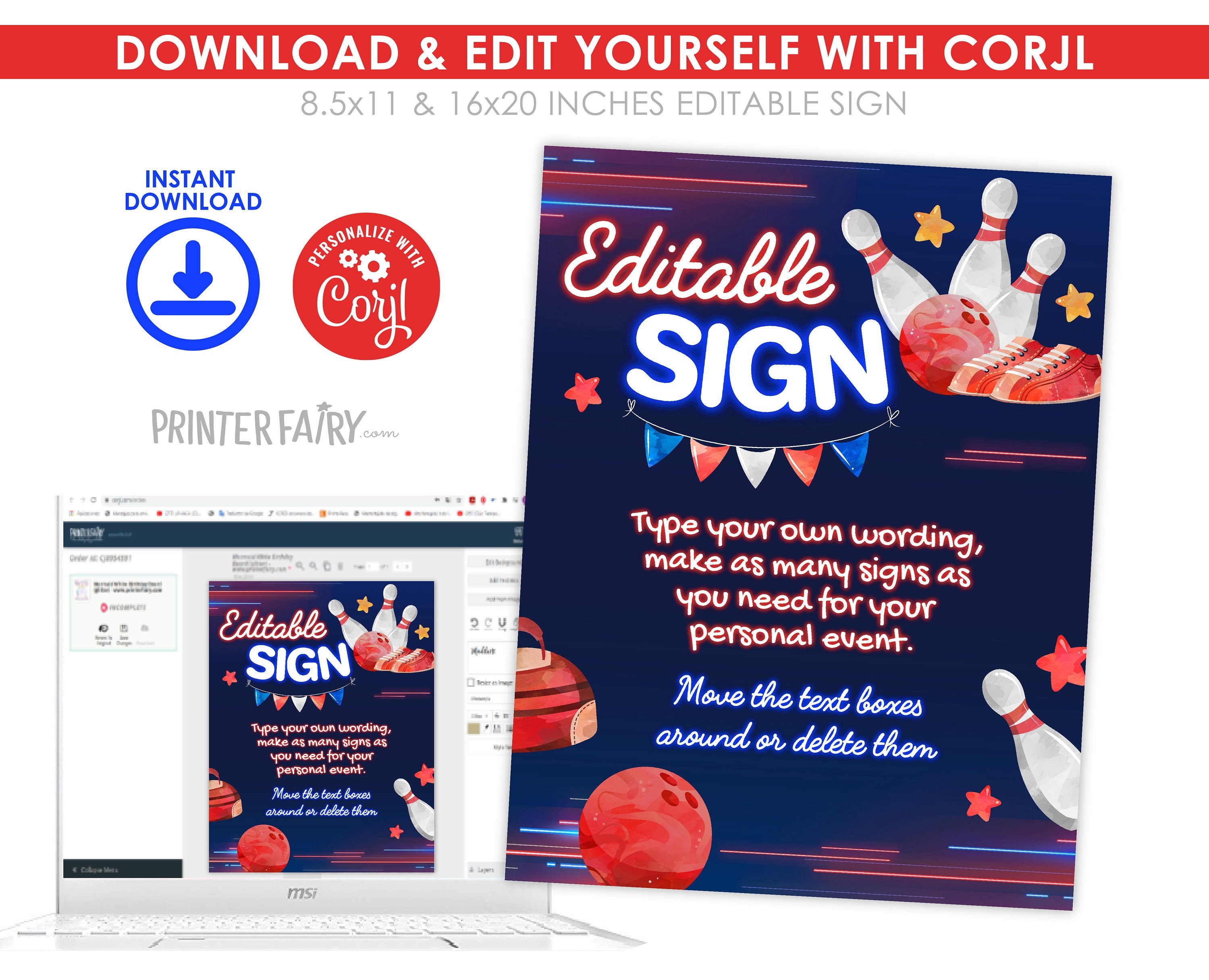 Bowling Birthday Party Sign, Editable Printable Poster (Instant Download)