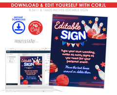 Bowling Birthday Party Sign, Editable Printable Poster (Instant Download)