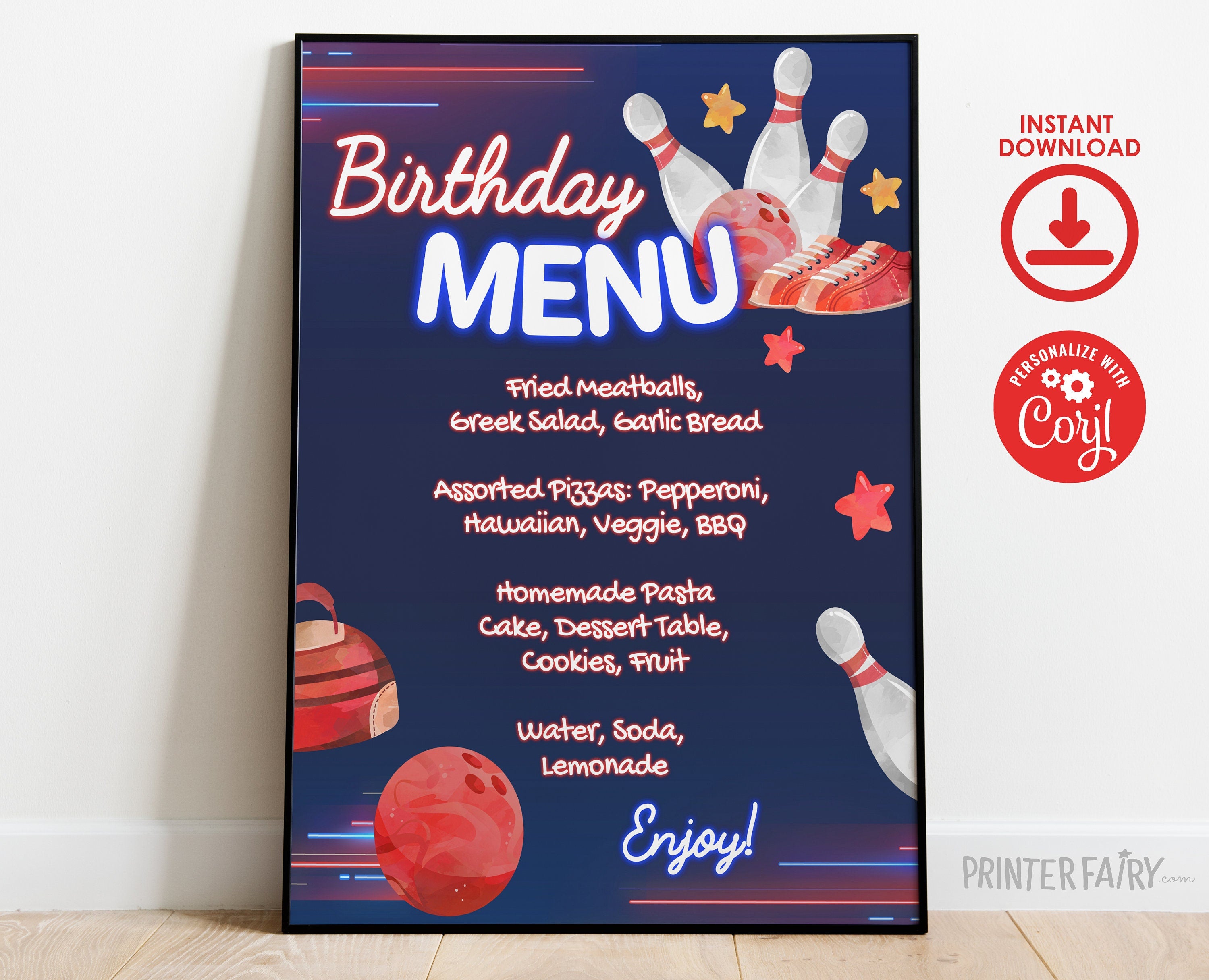 Bowling Birthday Party Menu, Editable Printable (Instant Download)
