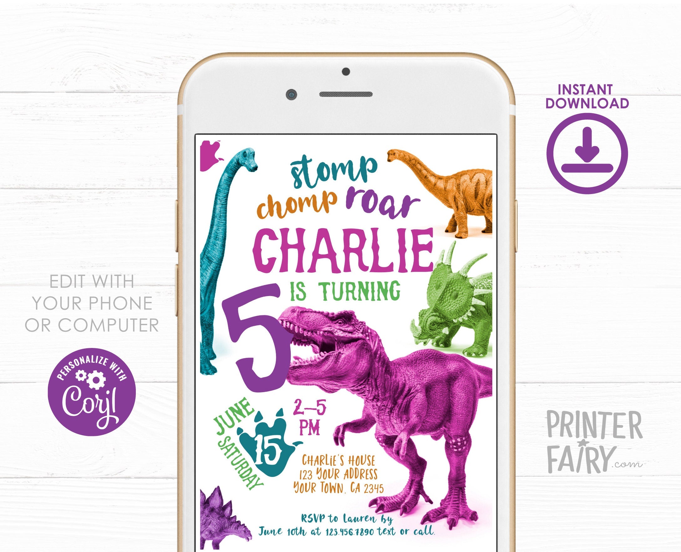 Editable Dinosaur Birthday Invitation, T-Rex Party Invite (Instant Download)