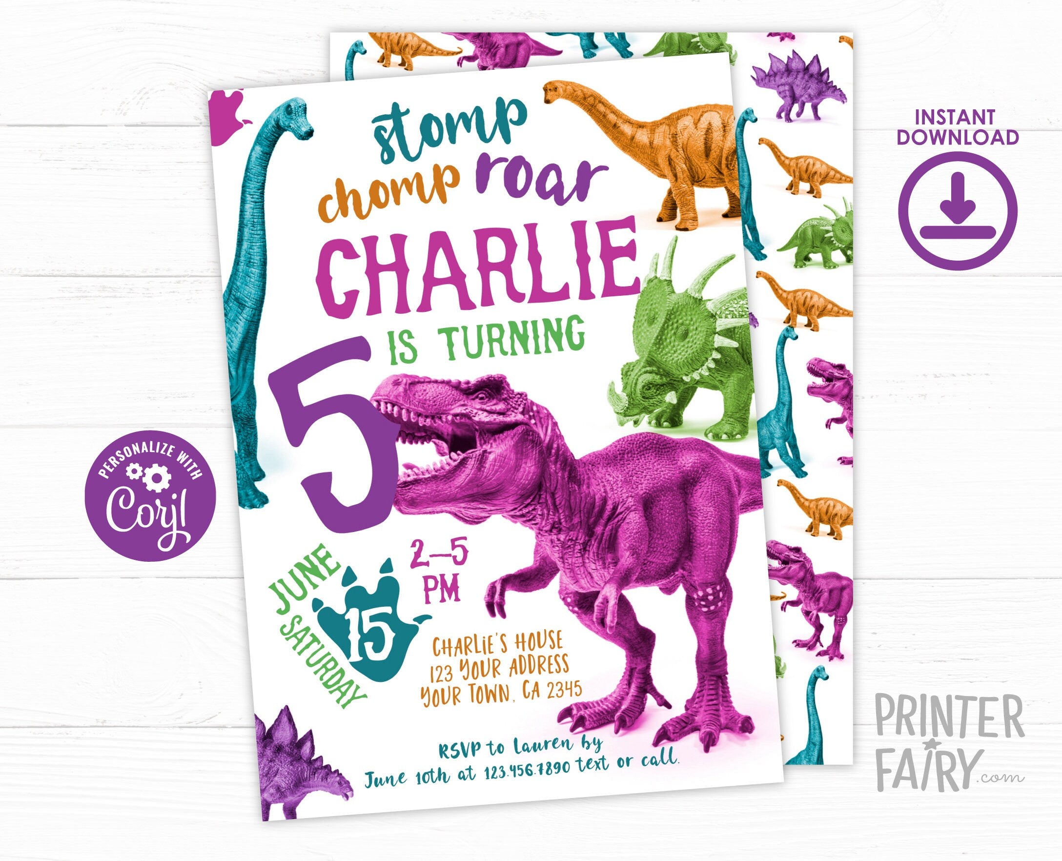 Editable Dinosaur Birthday Invitation, T-Rex Party Invite (Instant Download)