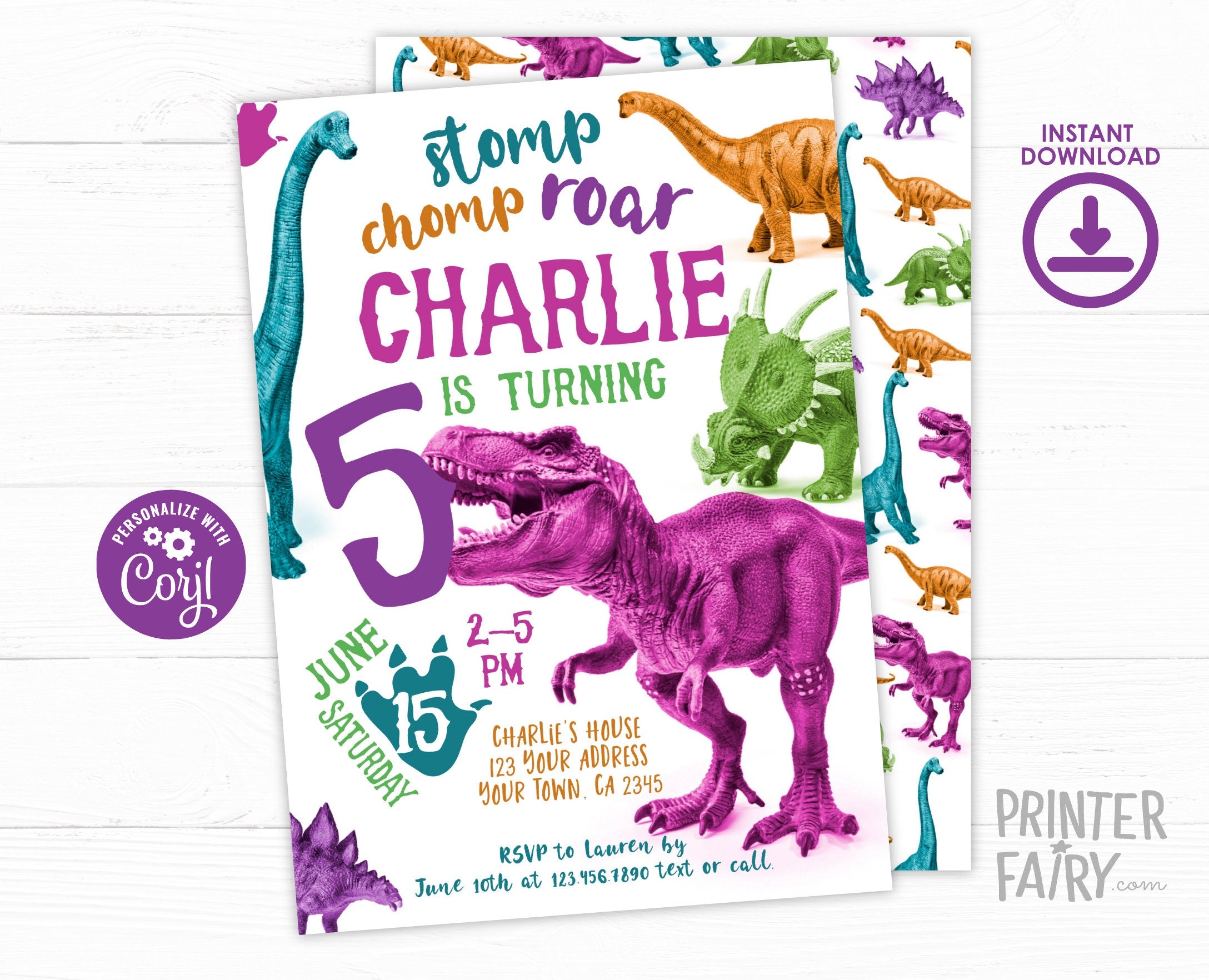 Editable Dinosaur Birthday Invitation, T-Rex Party Invite (Instant Download)