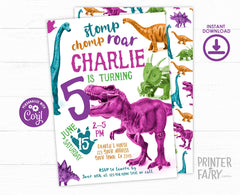 Editable Dinosaur Birthday Invitation, T-Rex Party Invite (Instant Download)