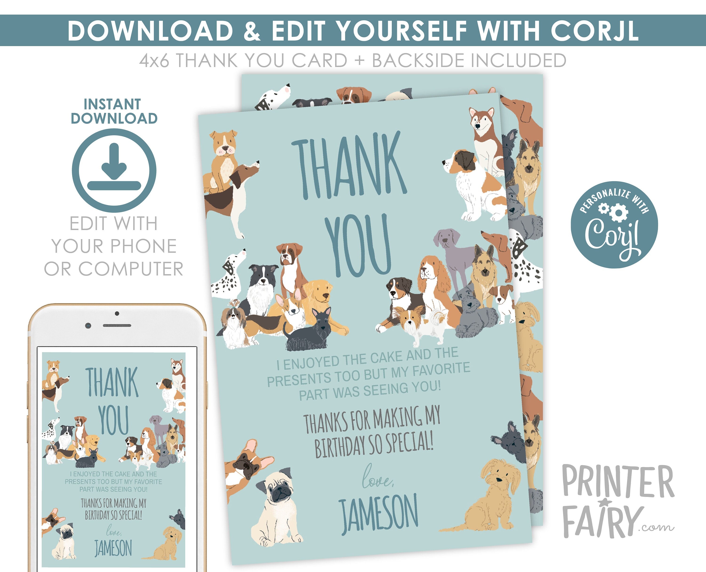 Puppy Adoption Thank You Card, Dog Birthday Paw-ty (Editable Digital Item)