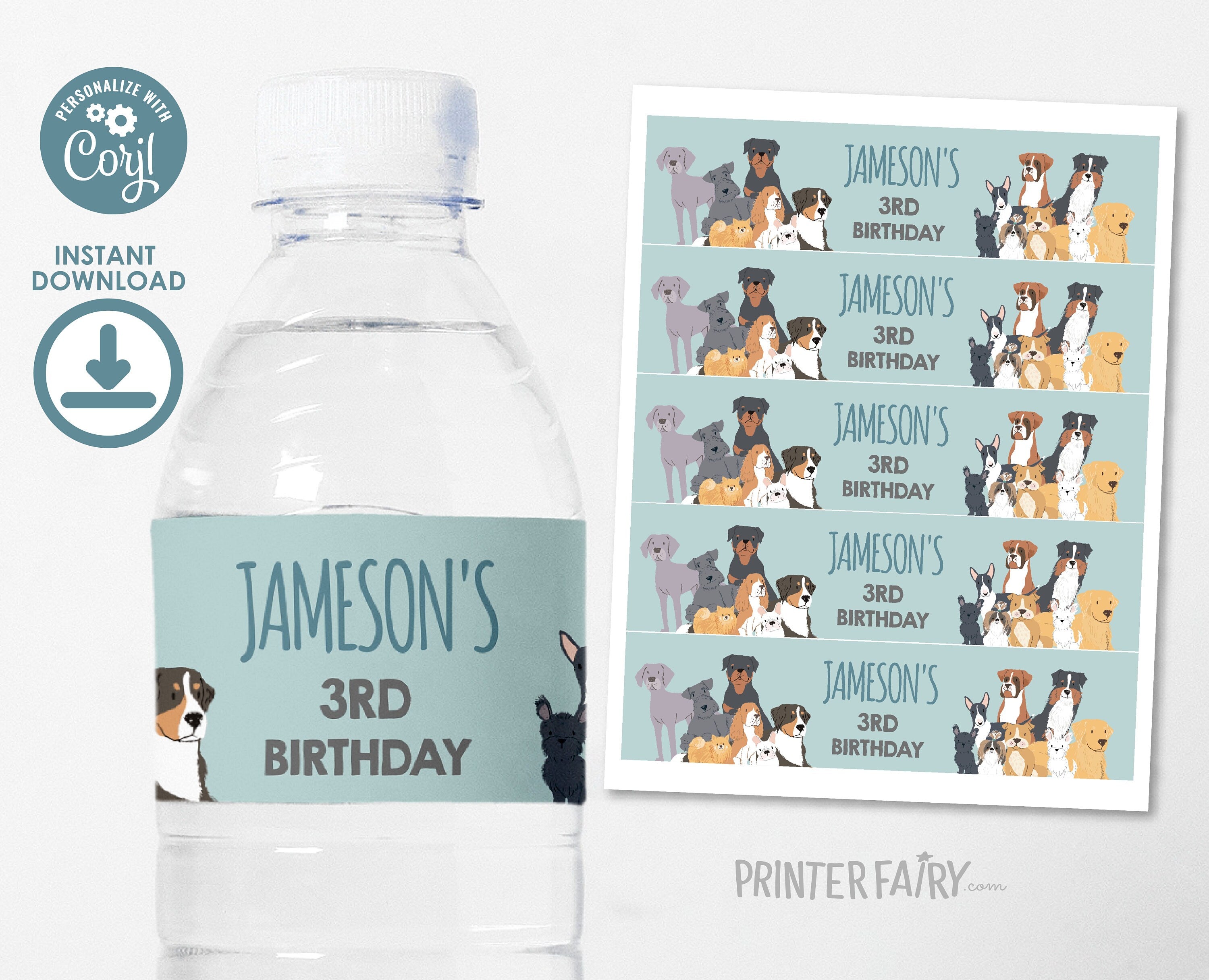 Puppy Birthday Water Bottle Label, Editable Pet Adoption Party (Digital Item)