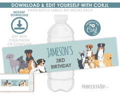 Puppy Birthday Water Bottle Label, Editable Pet Adoption Party (Digital Item)