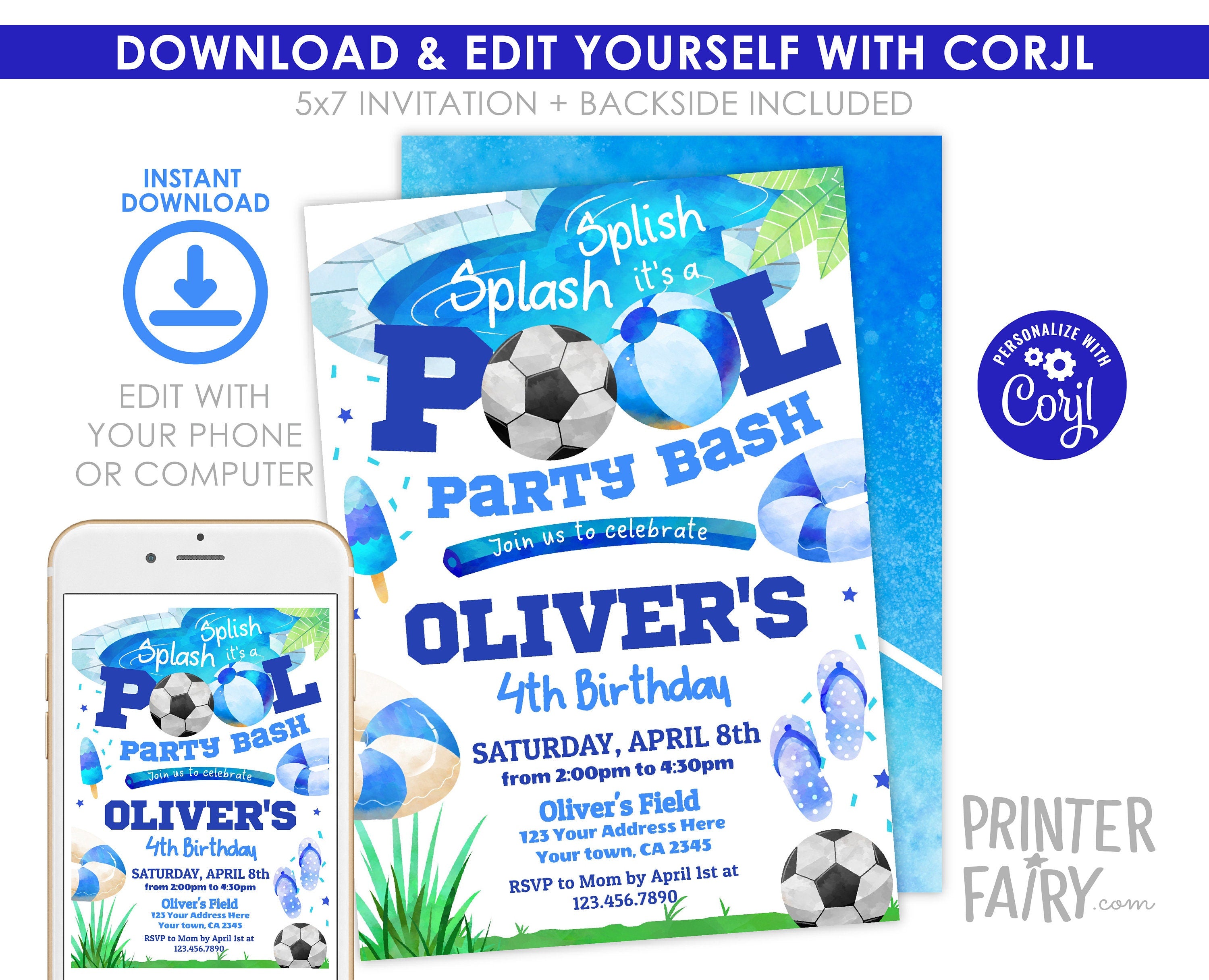 Soccer Pool Birthday Party Invitation, Summer Kids (Digital Editable)