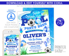 Soccer Pool Birthday Party Invitation, Summer Kids (Digital Editable)