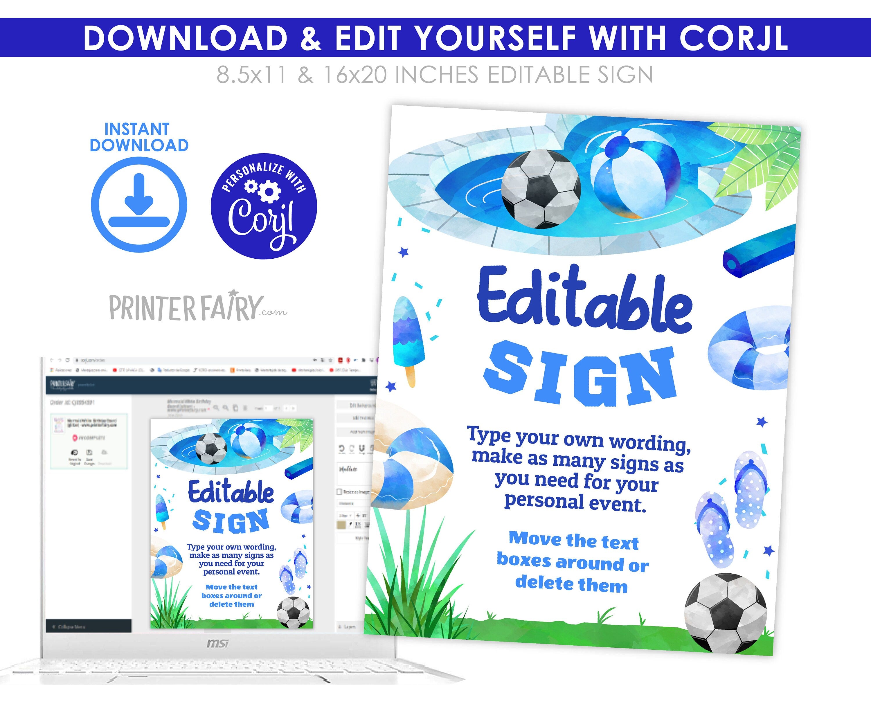 Pool Soccer Party Sign, Editable Template (Digital)
