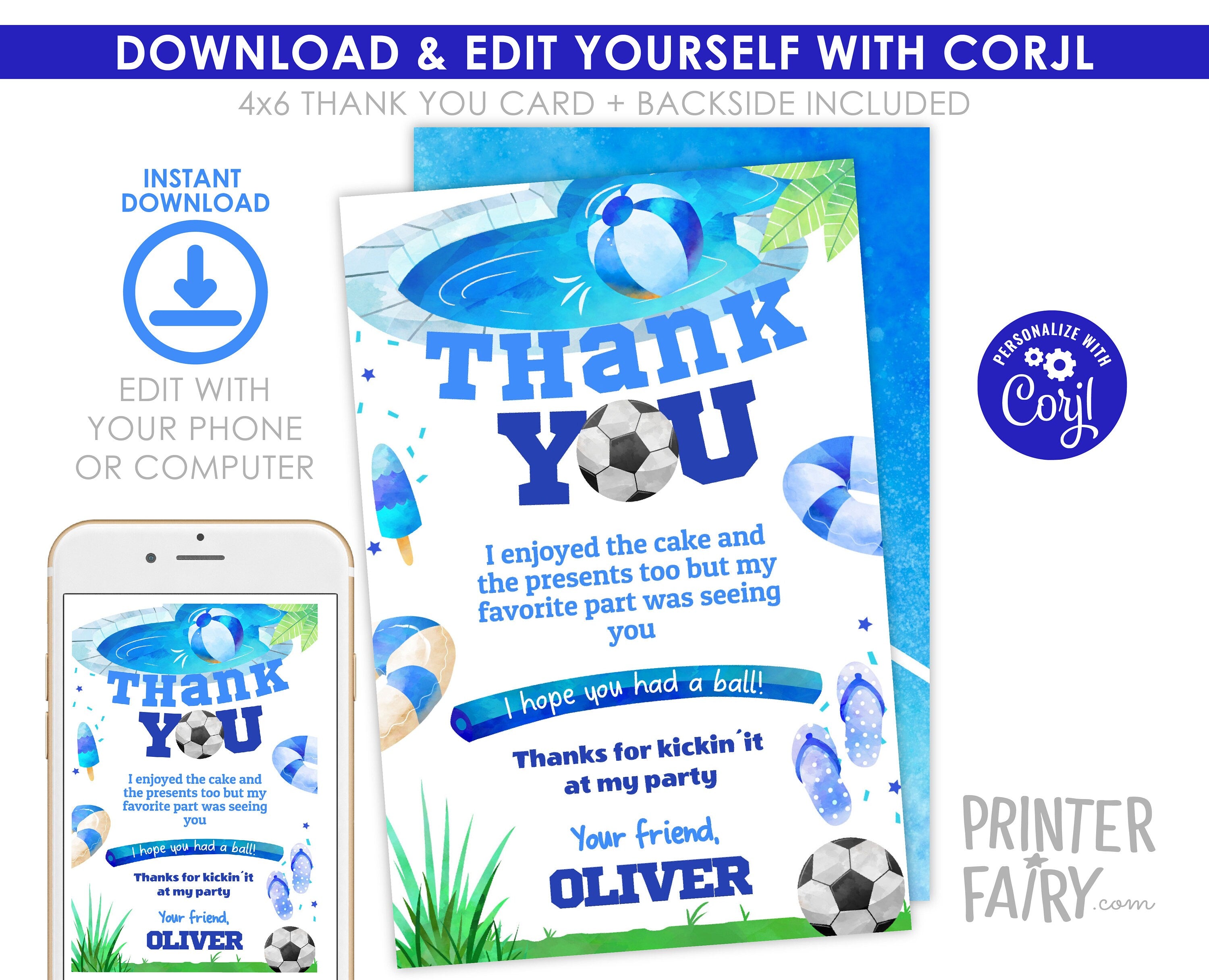 Soccer Pool Party Thank You Card, Kids Birthday (Digital Editable)