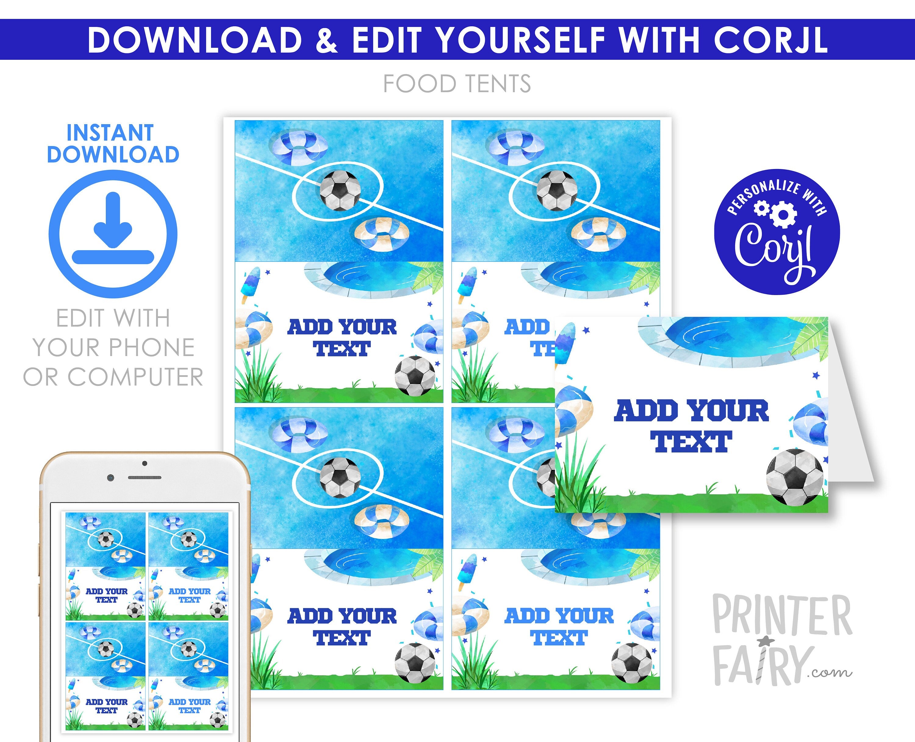 Soccer Pool Party Food Tents, Editable Buffet Labels (Digital Download)