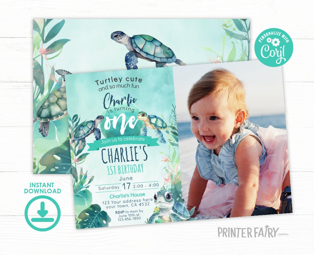 Sea Turtle 1st Birthday Invitation, Photo, Under The Sea (Editable)