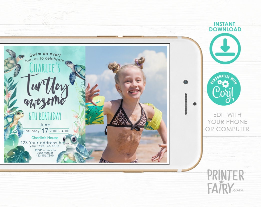 Sea Turtle Birthday Invitation, Under The Sea Party (Editable Digital Template)