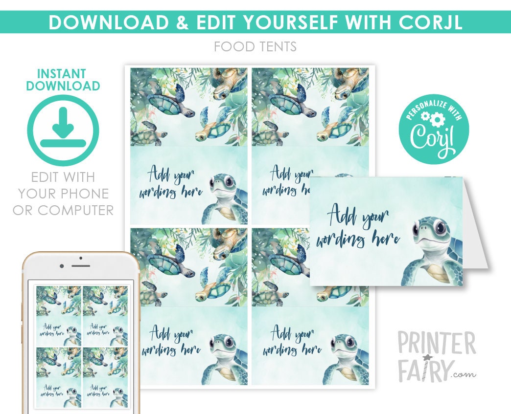 Sea Turtle Birthday Food Tents, Under The Sea Party Place Cards (Instant Download)