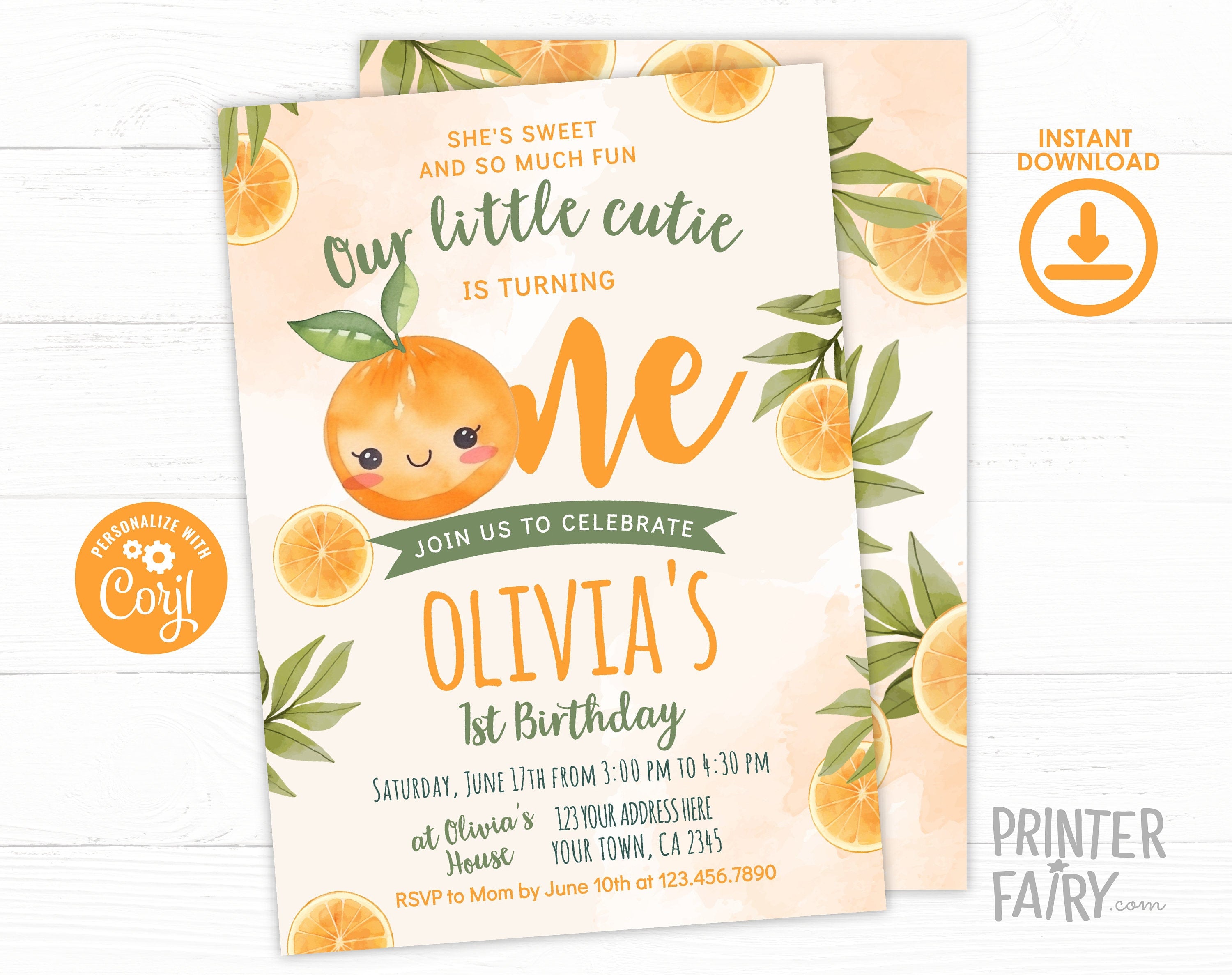 Little Cutie 1st Birthday Invitation Instant Download Template