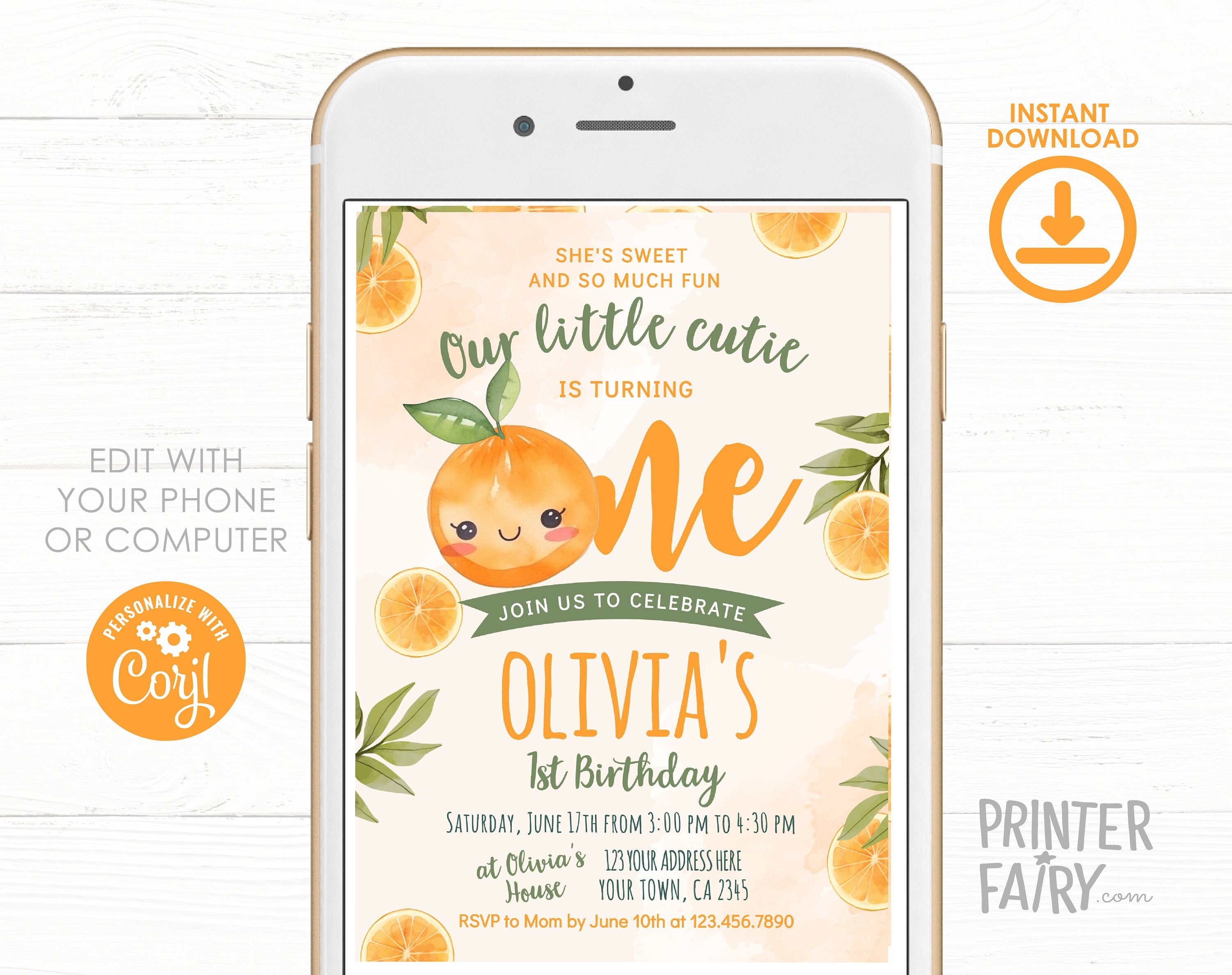 Little Cutie 1st Birthday Invitation Instant Download Template