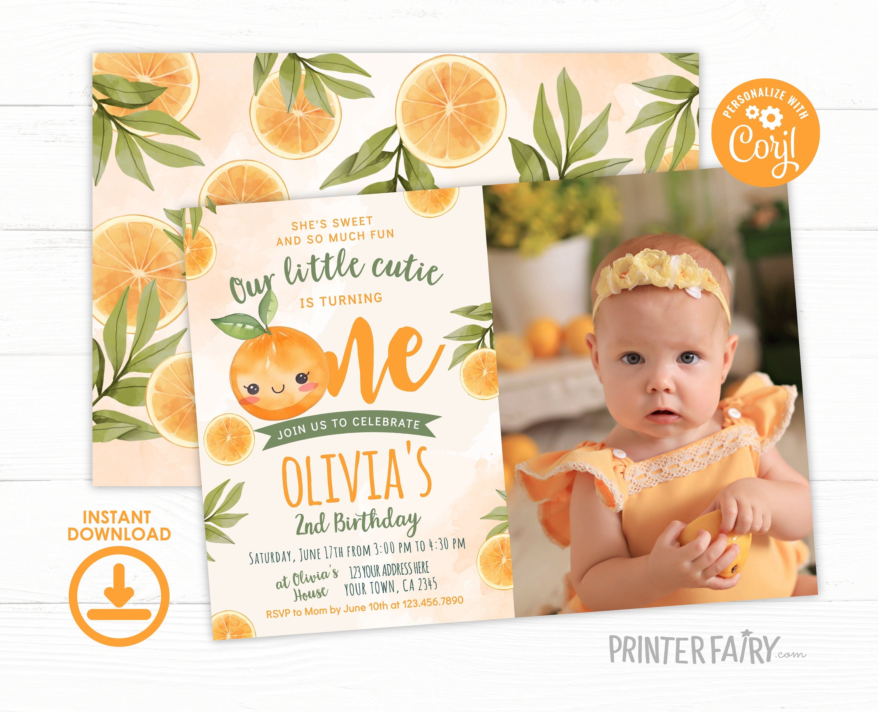 Little Cutie First Birthday Invitation with Photo, Editable Orange Party Invite (Digital Download)
