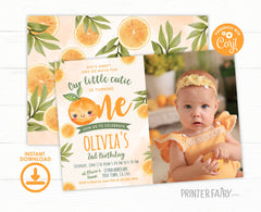 Little Cutie First Birthday Invitation with Photo, Editable Orange Party Invite (Digital Download)
