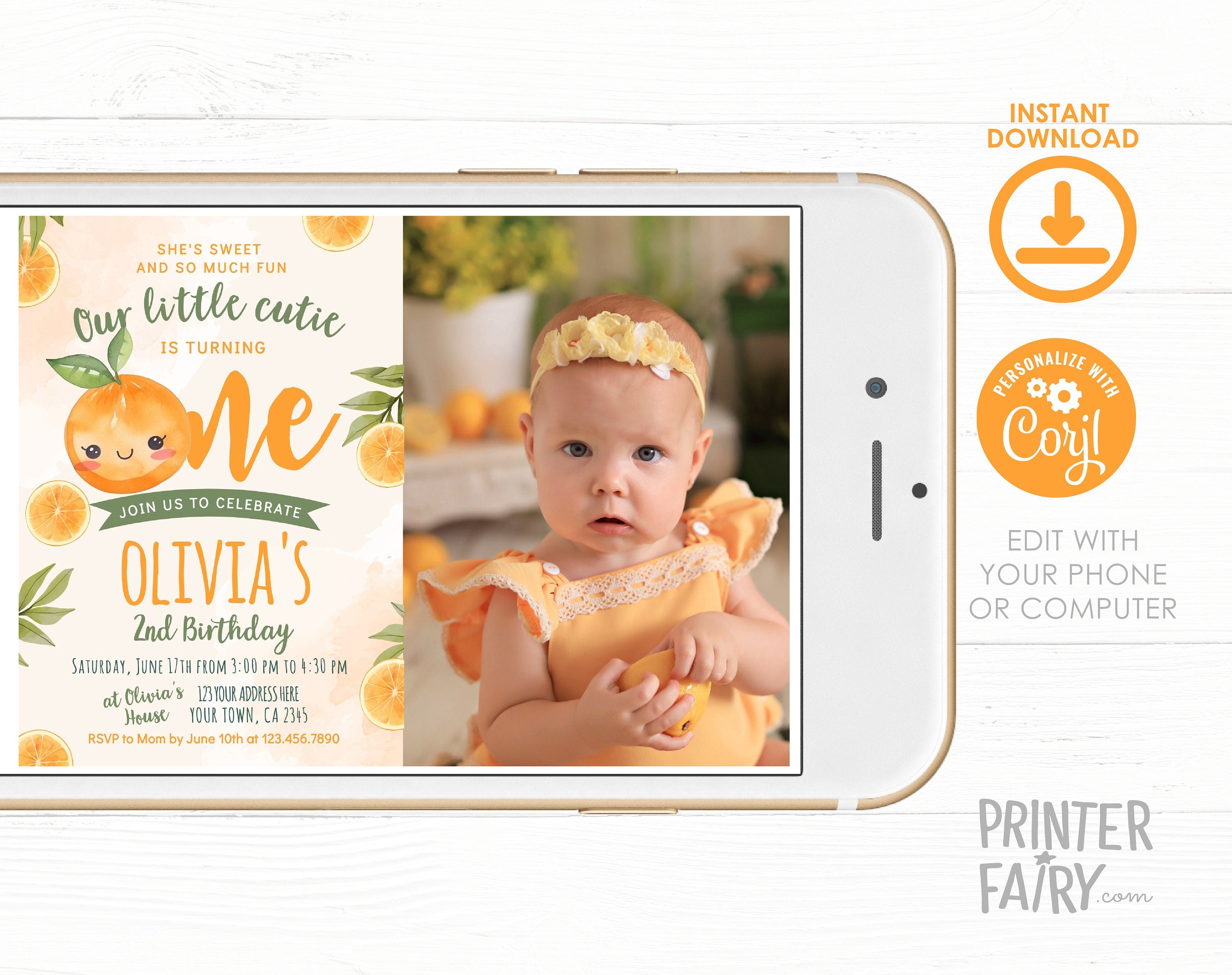 Little Cutie First Birthday Invitation with Photo, Editable Orange Party Invite (Digital Download)