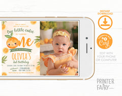 Little Cutie First Birthday Invitation with Photo, Editable Orange Party Invite (Digital Download)