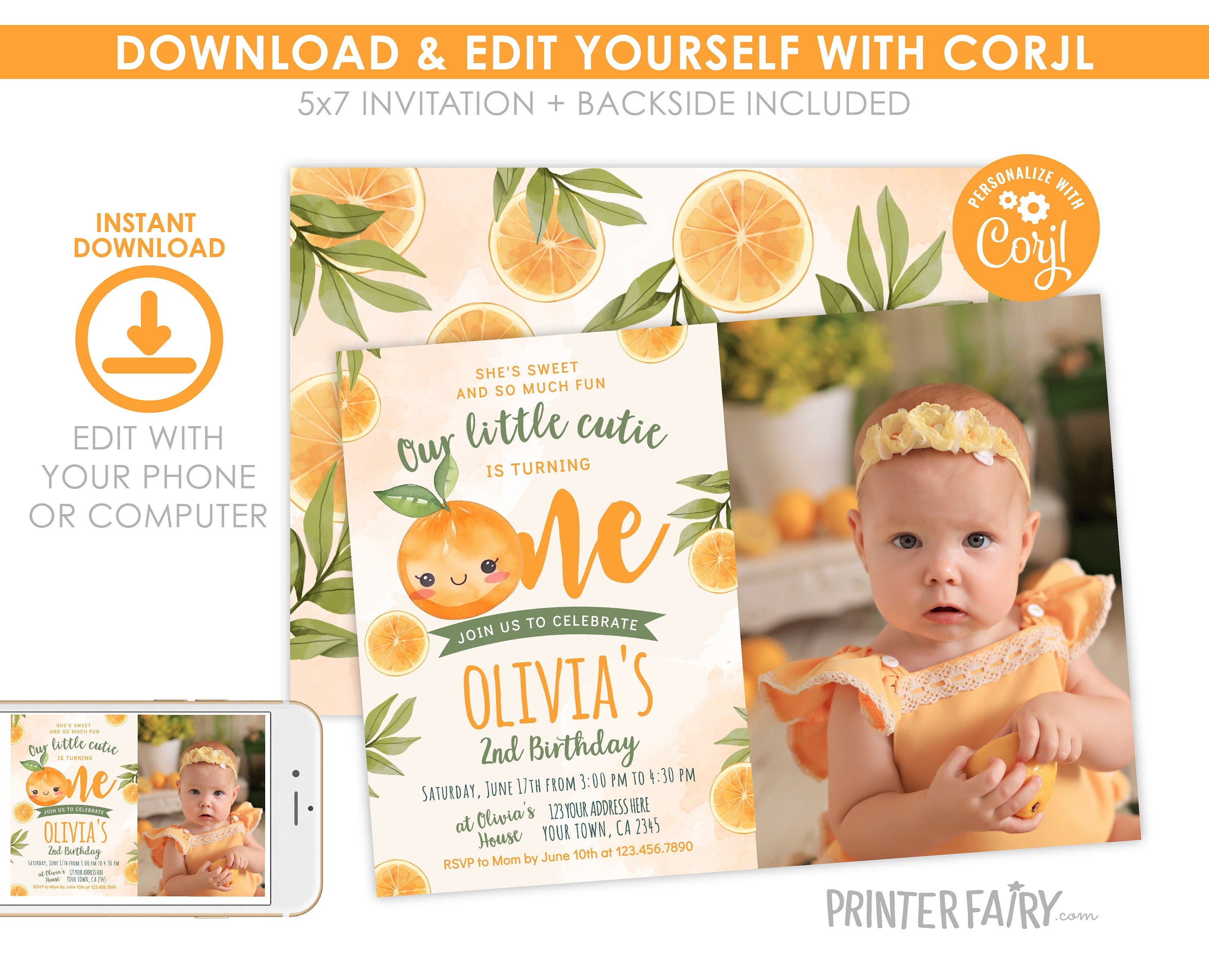 Little Cutie First Birthday Invitation with Photo, Editable Orange Party Invite (Digital Download)