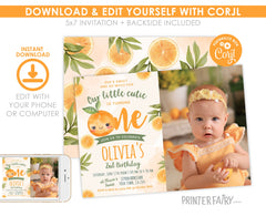 Little Cutie First Birthday Invitation with Photo, Editable Orange Party Invite (Digital Download)