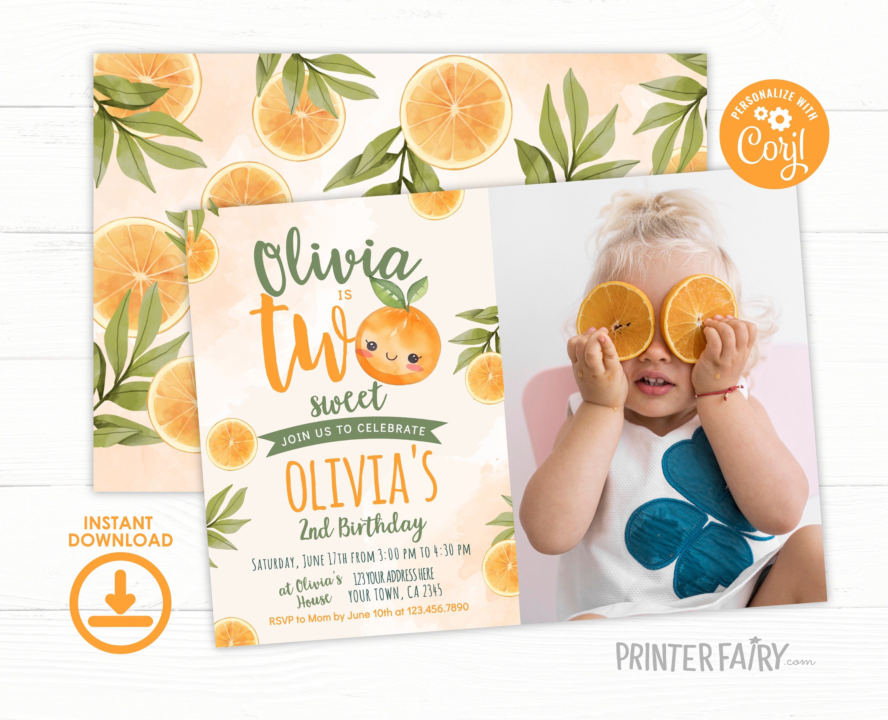 Two Sweet Birthday Invitation with Photo, Orange Summer Party (Digital Download)