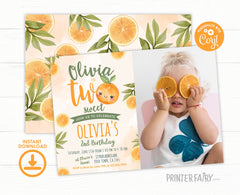 Two Sweet Birthday Invitation with Photo, Orange Summer Party (Digital Download)