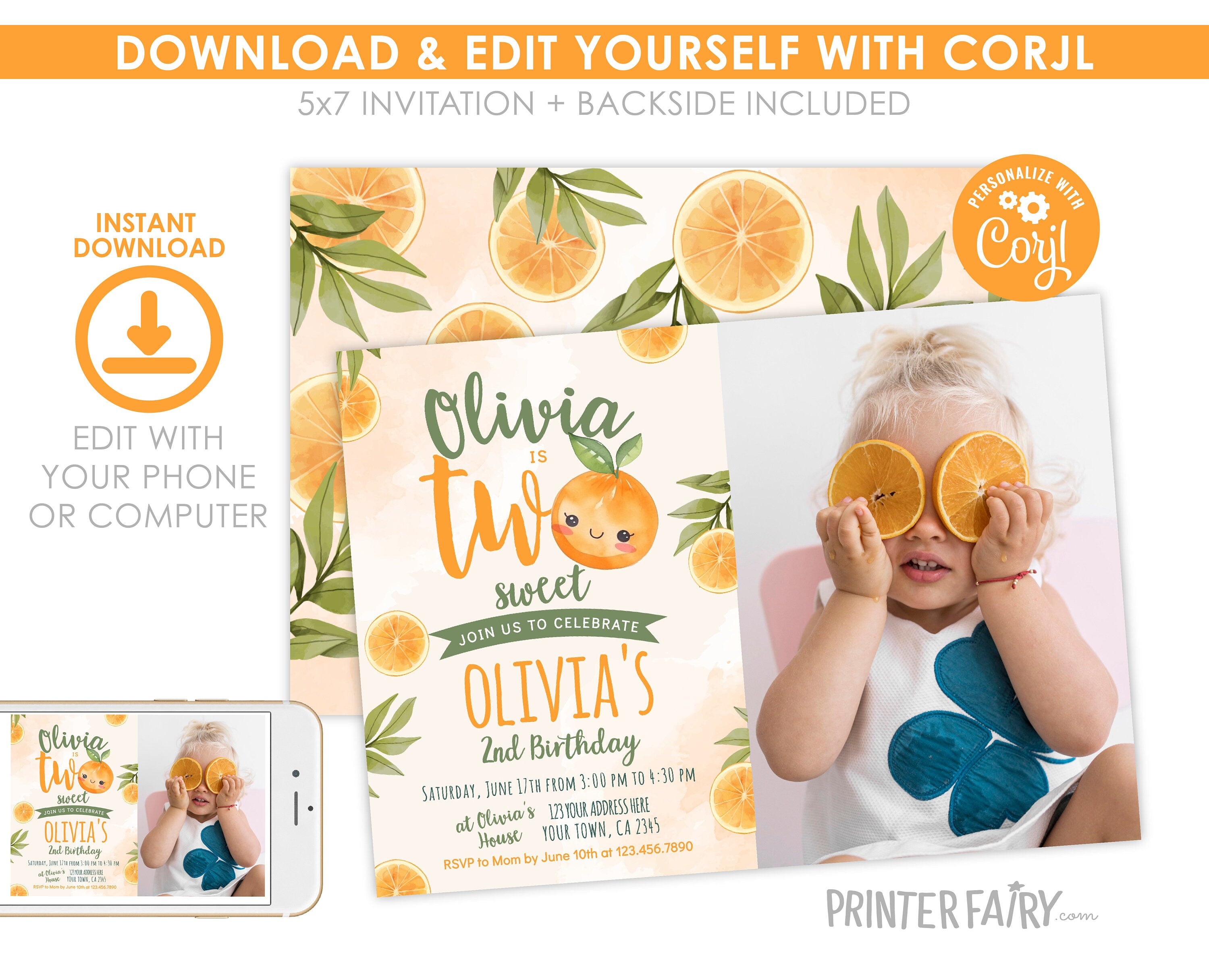 Two Sweet Birthday Invitation with Photo, Orange Summer Party (Digital Download)