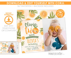 Two Sweet Birthday Invitation with Photo, Orange Summer Party (Digital Download)