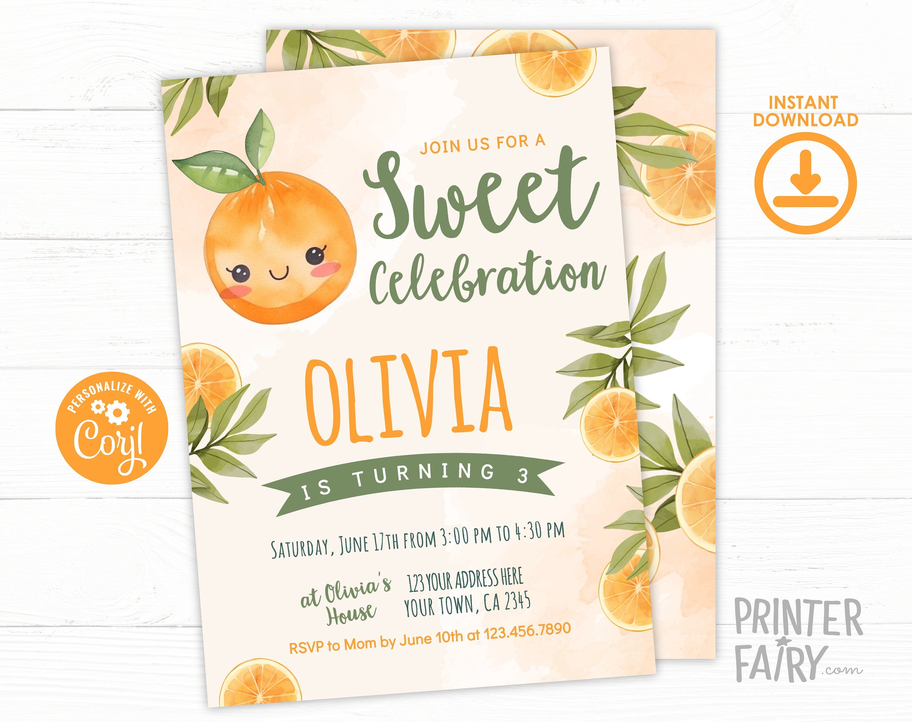 Sweet Orange Birthday Invitation, Little Cutie Party Template (Digital Download)