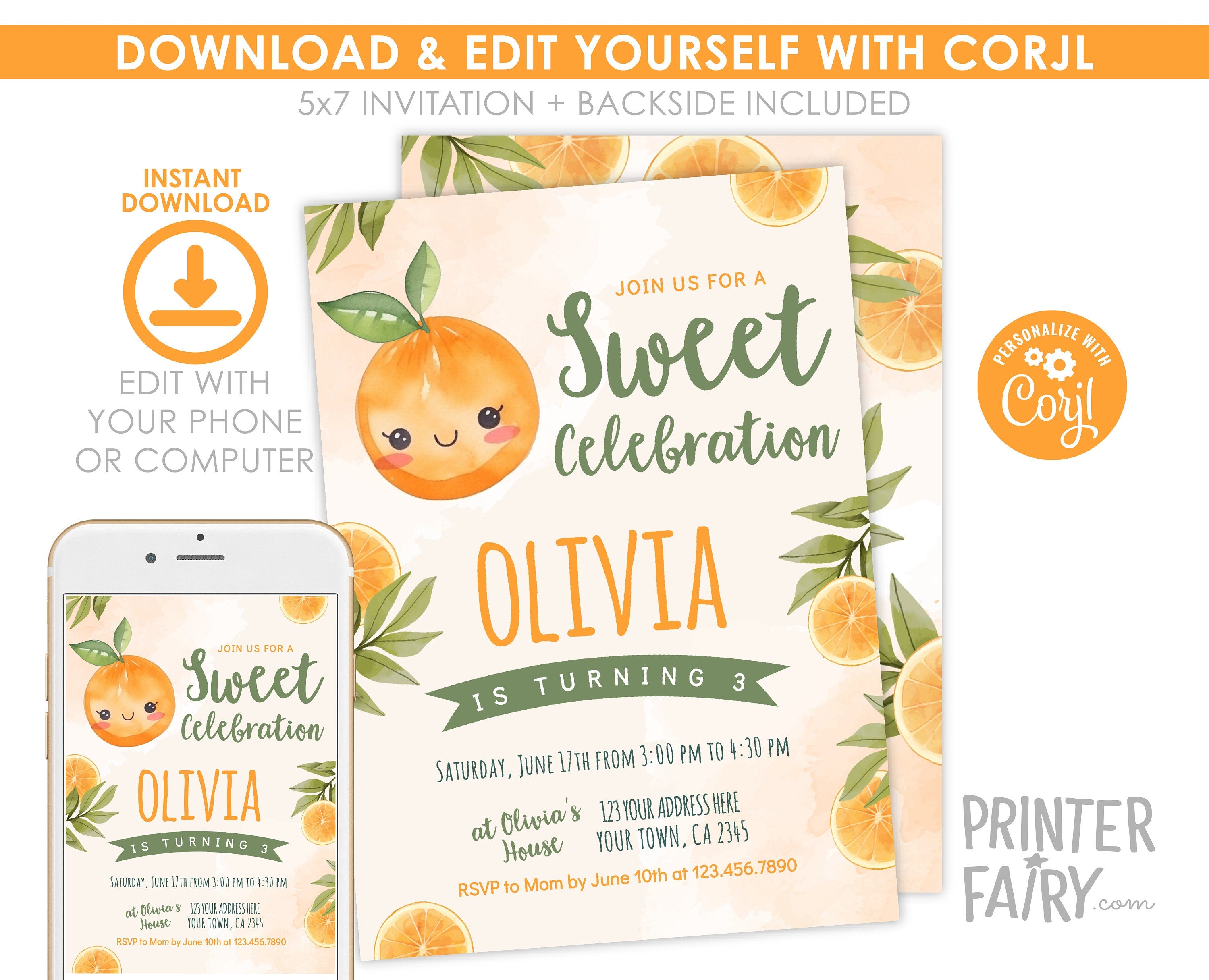 Sweet Orange Birthday Invitation, Little Cutie Party Template (Digital Download)
