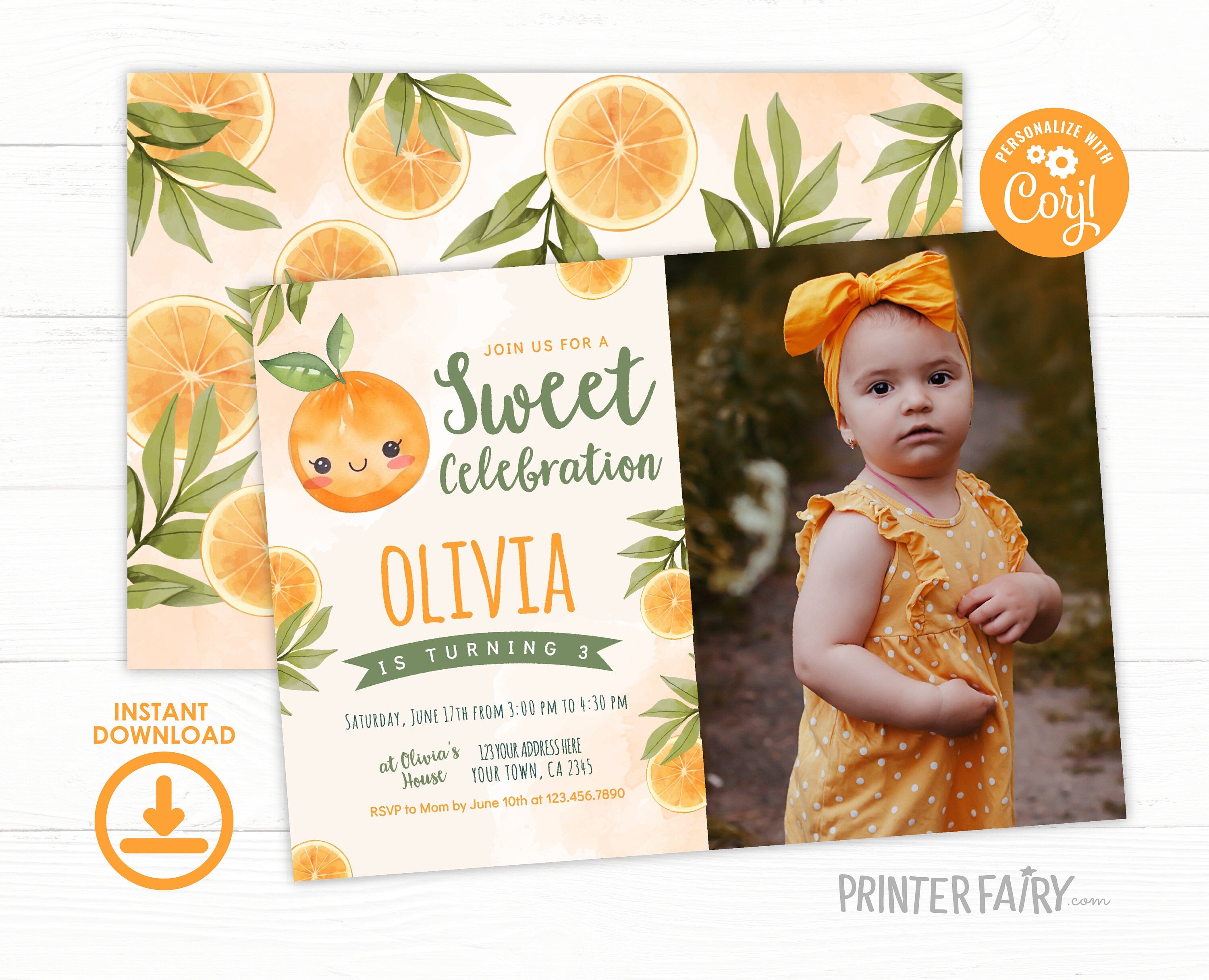 Little Cutie Birthday Invitation with Photo, Orange Party (Editable, Instant Download)