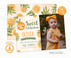 Little Cutie Birthday Invitation with Photo, Orange Party (Editable, Instant Download)