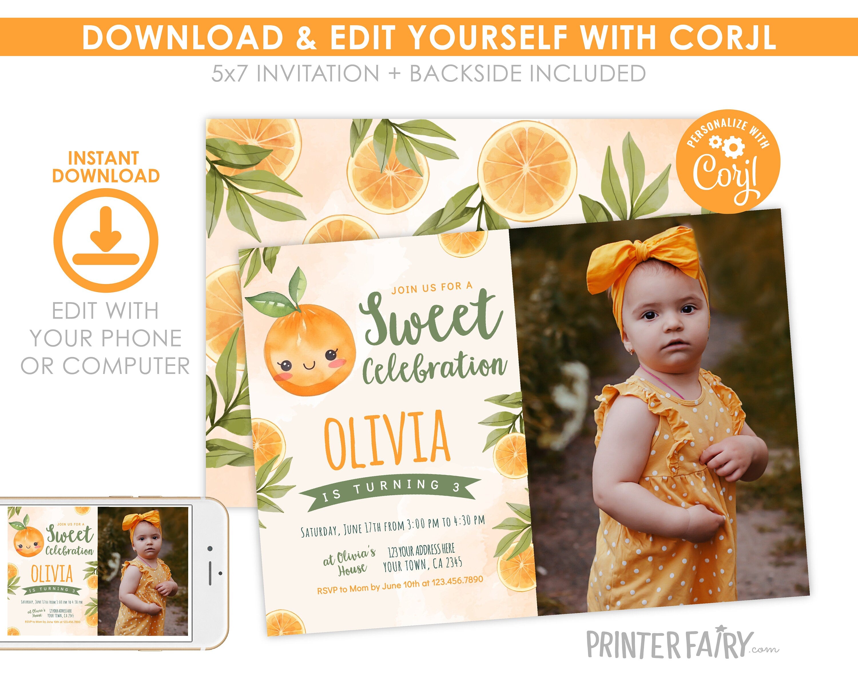 Little Cutie Birthday Invitation with Photo, Orange Party (Editable, Instant Download)