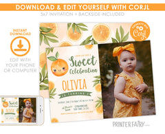 Little Cutie Birthday Invitation with Photo, Orange Party (Editable, Instant Download)