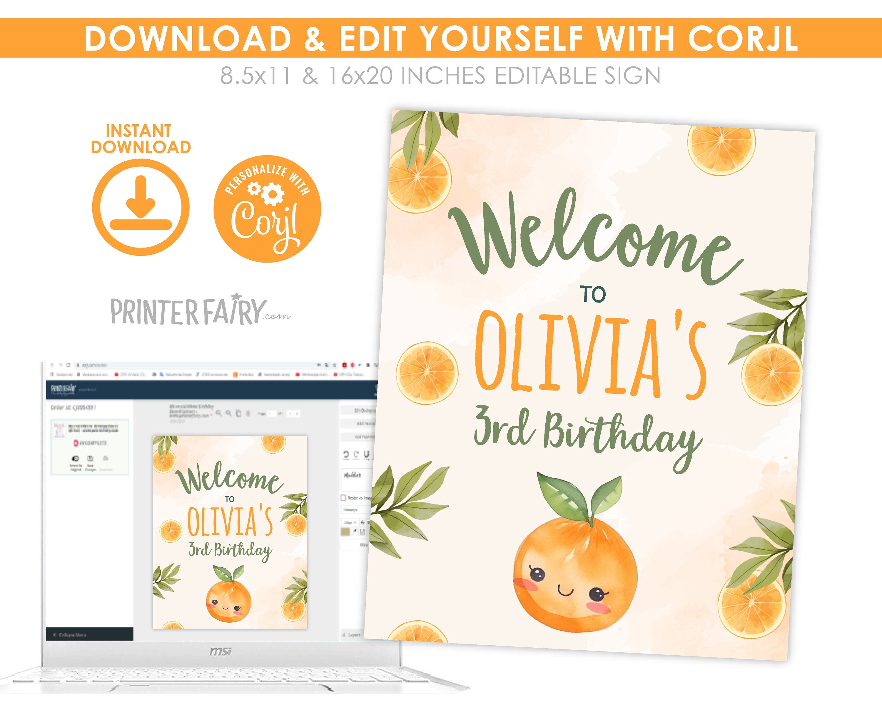 Sweet Orange Birthday Welcome Sign, Editable Template (Digital Download)