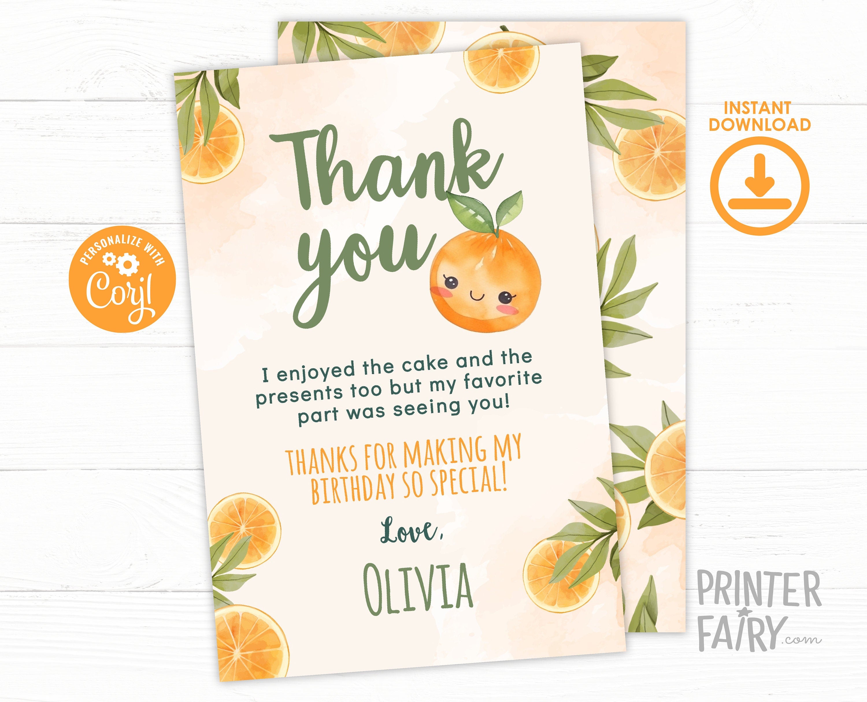 Sweet Orange Birthday Thank You Card, First Birthday Party (Digital Download)