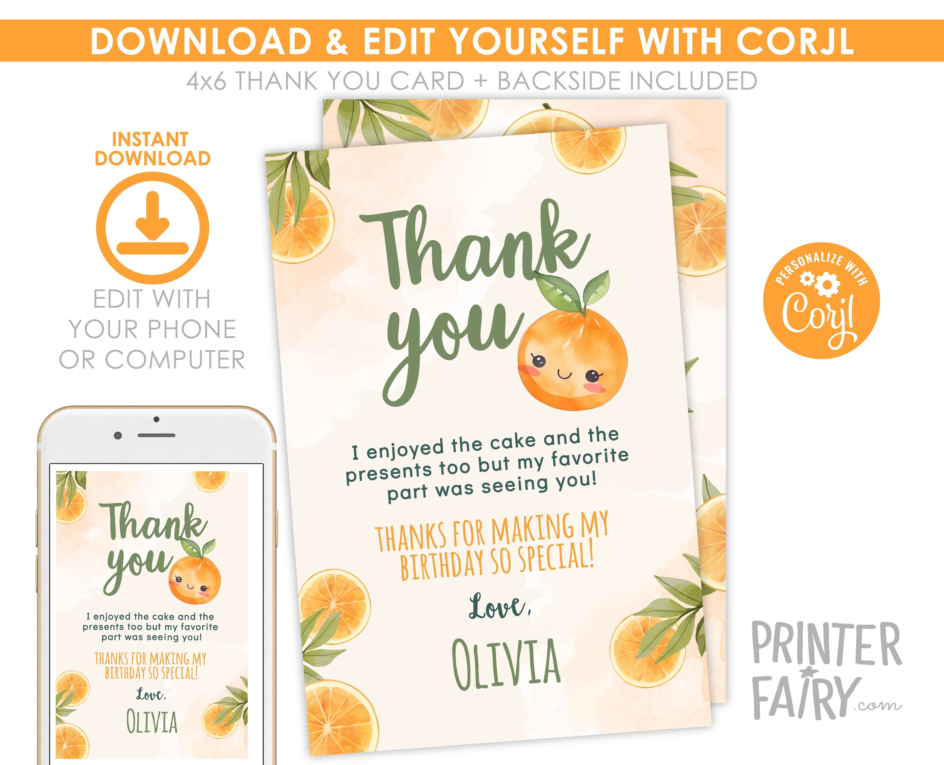 Sweet Orange Birthday Thank You Card, First Birthday Party (Digital Download)