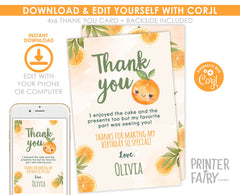 Sweet Orange Birthday Thank You Card, First Birthday Party (Digital Download)