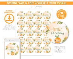 Sweet Orange Birthday Party Toppers, Editable Round Labels (Instant Download)