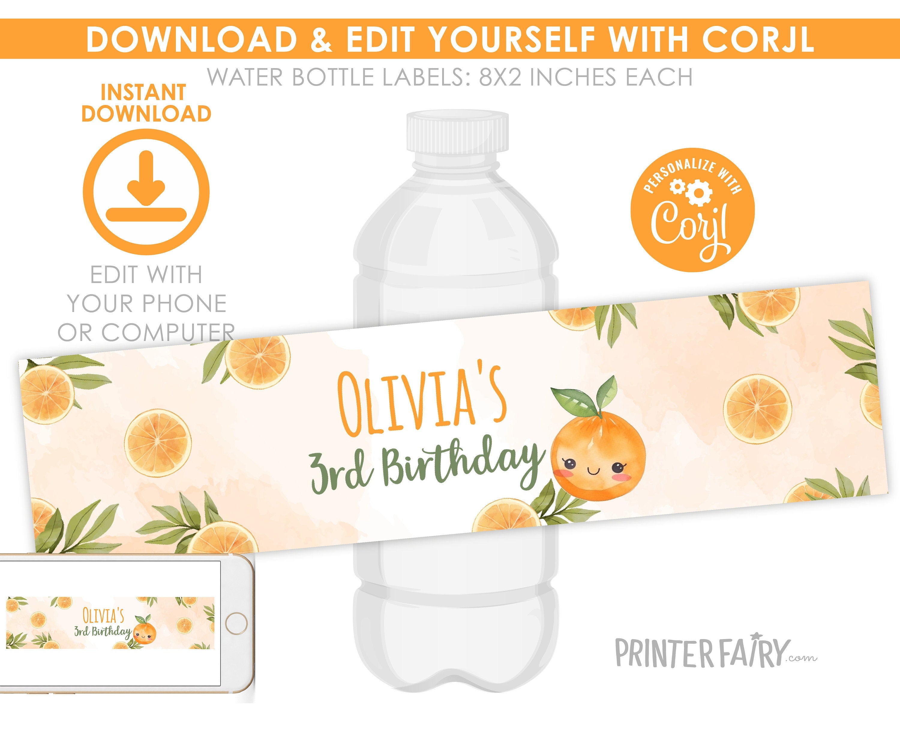 Orange Birthday Water Bottle Labels, Editable Party Decor (Digital Download)